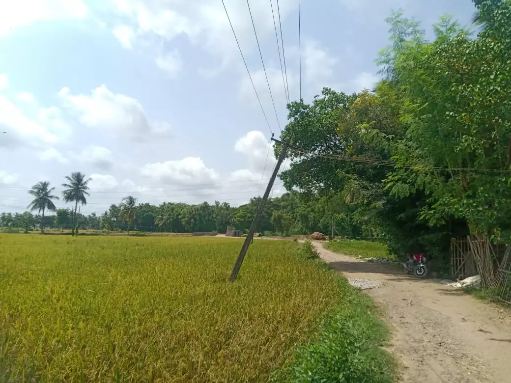 சாய்ந்த நிலையில் மின்கம்பம்