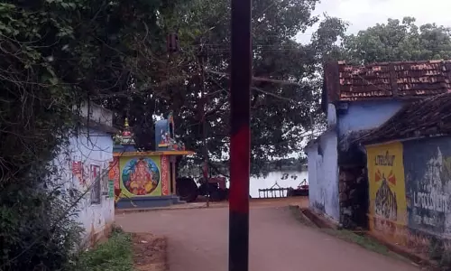 சாலையின் நடுவே மின்கம்பம்