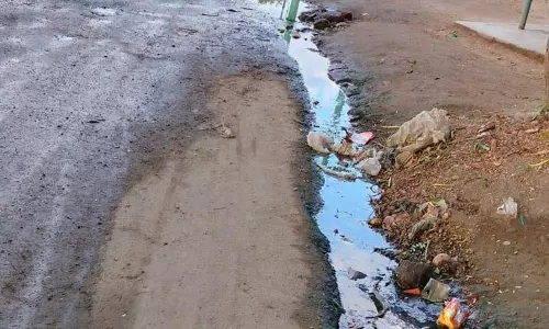 சாலையோர பள்ளத்தில் தேங்கும் கழிவுநீர்