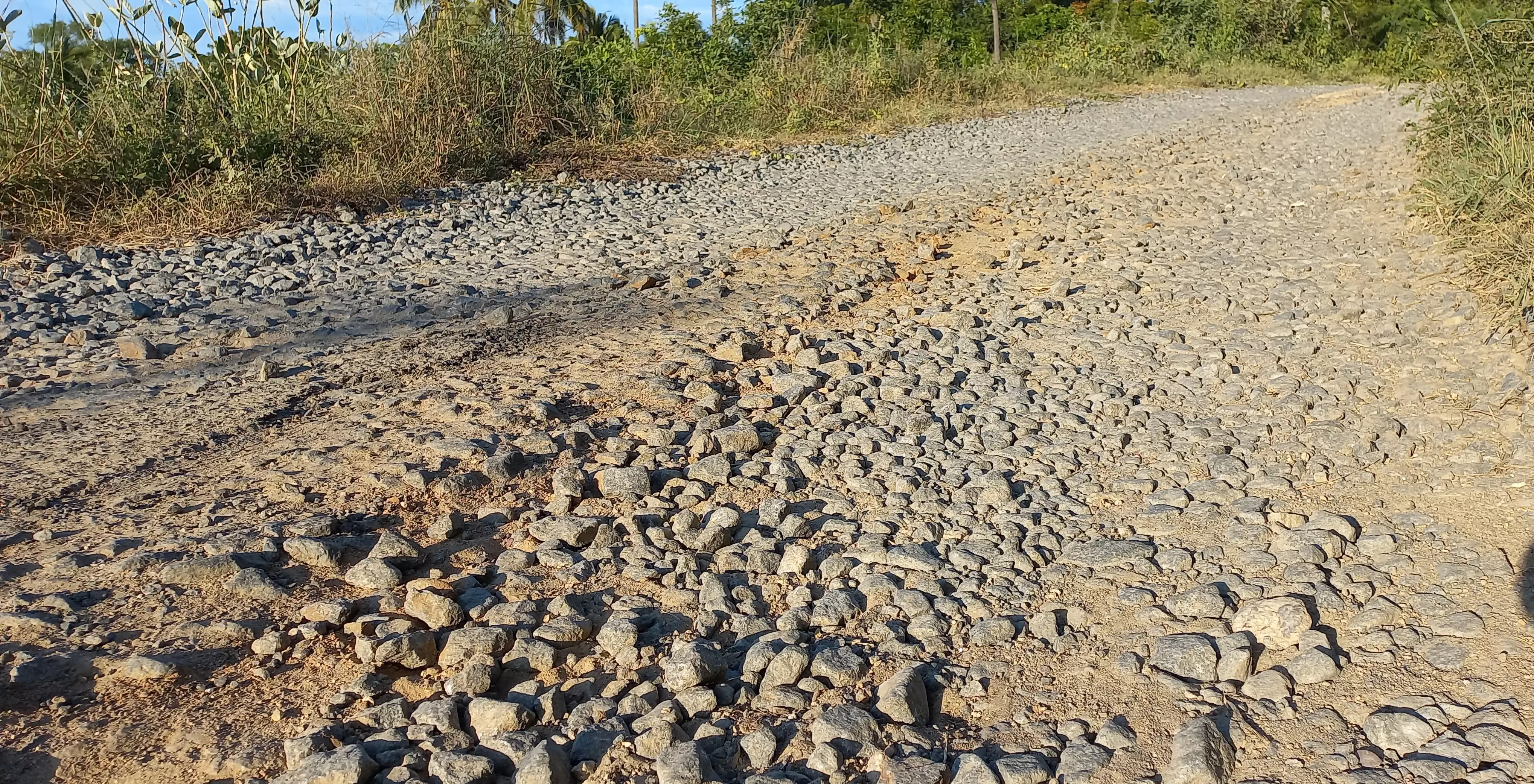 ஜல்லிகற்களாக மாறிய தார்சாலை ஜல்லிகற்களாக மாறிய தார்சாலை