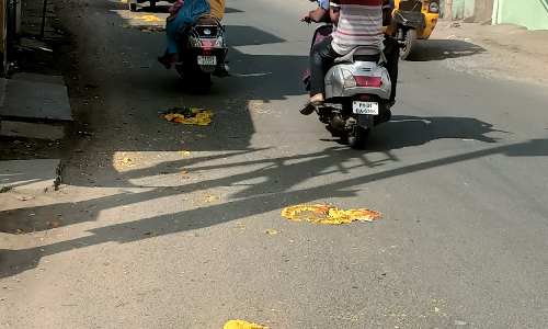 சாலையில் வீசப்படும் மாலைகளால் விபத்து அபாயம் சாலையில் வீசப்படும் மாலைகளால் விபத்து அபாயம்