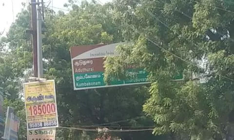 பெயர் பலகையை மறைத்துள்ள மரக்கிளைகள்