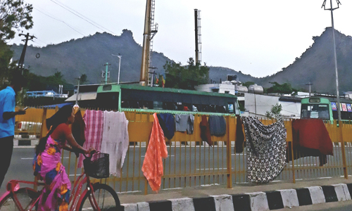 சாலை தடுப்பில் துணிகளை உலர்த்தும் அவலம் சாலை தடுப்பில் துணிகளை உலர்த்தும் அவலம்