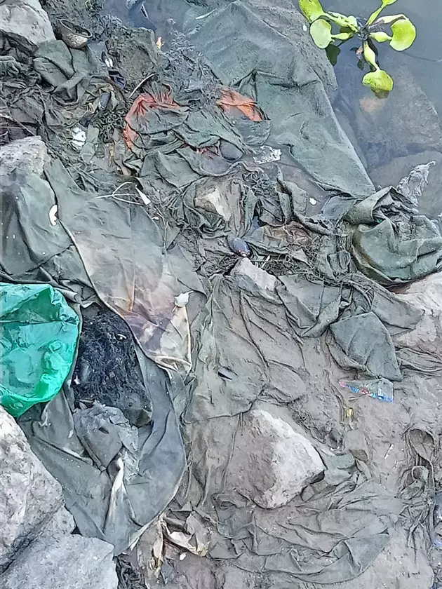 ஆற்றில் சோ்ந்த கழிவுத்துணிகள