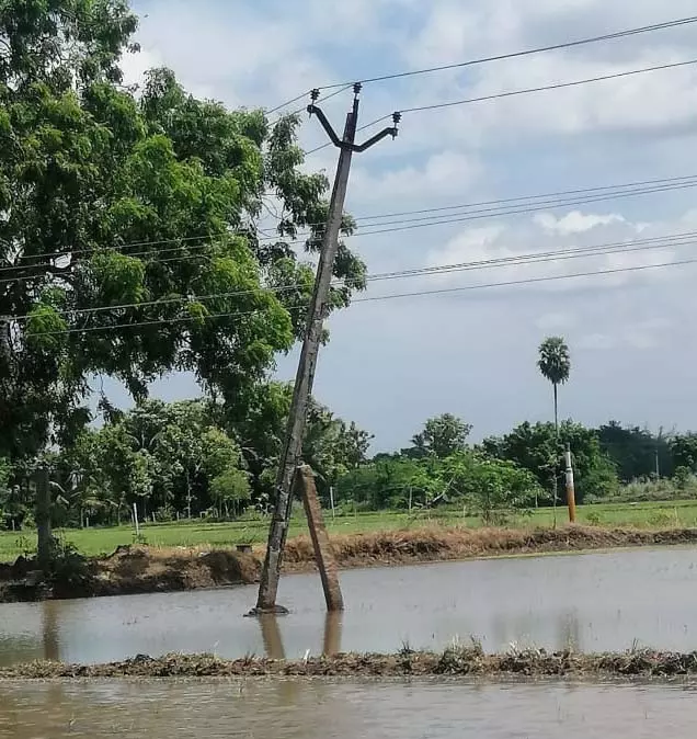 சாய்ந்த நிலையில் மின்கம்பம் சாய்ந்த நிலையில் மின்கம்பம்