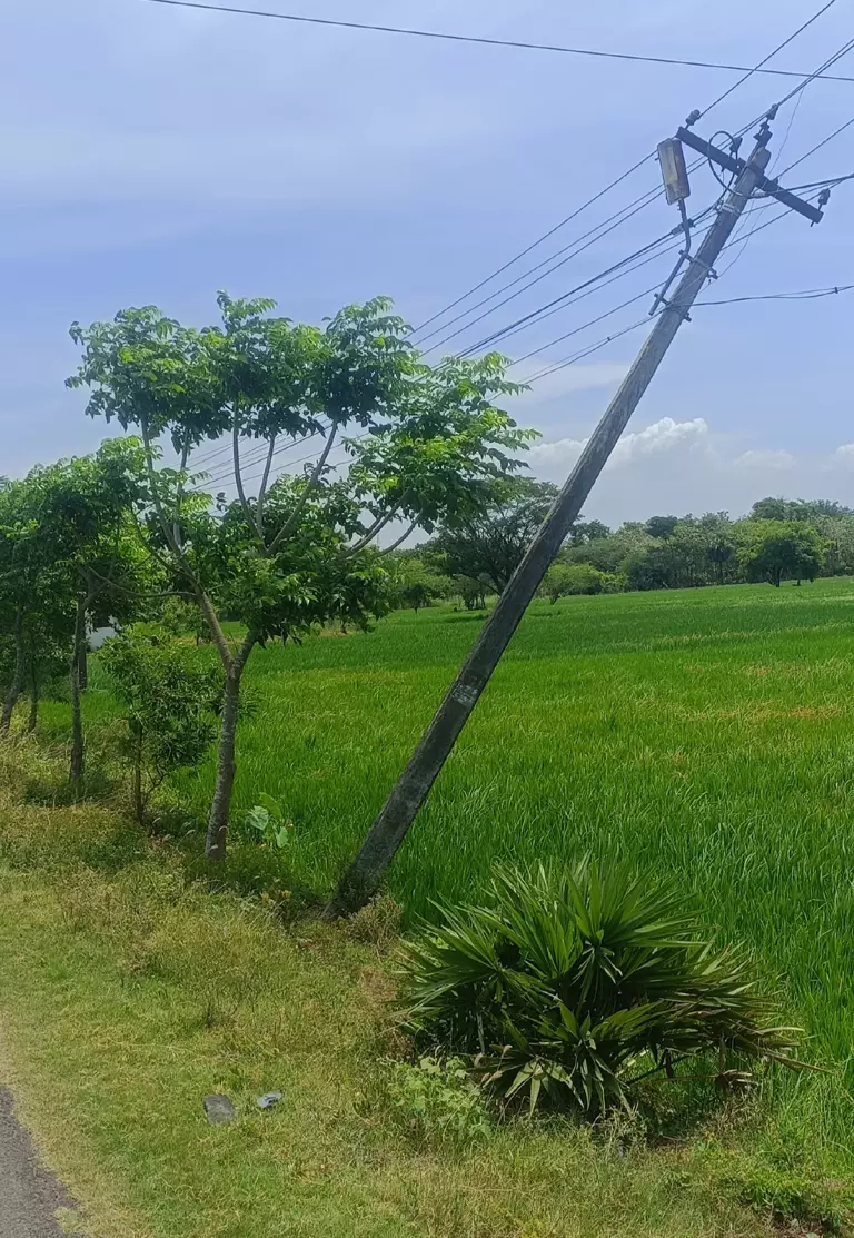 சாய்ந்த நிலையில் மின்கம்பம்