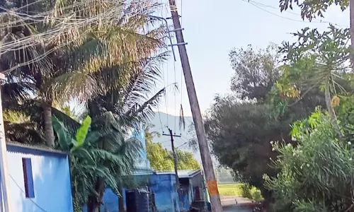 சாலையின் நடுவில் மின்கம்பம்