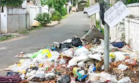 சாலையோரம் குவிந்த குப்பை சாலையோரம் குவிந்த குப்பை