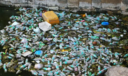 அகழியில் மிதக்கும் பிளாஸ்டிக் பாட்டில்கள்