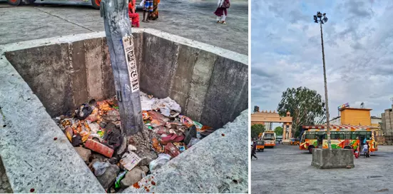 குப்பை தொட்டியாக மாறிய சிமெண்டு பீடம் குப்பை தொட்டியாக மாறிய சிமெண்டு பீடம்